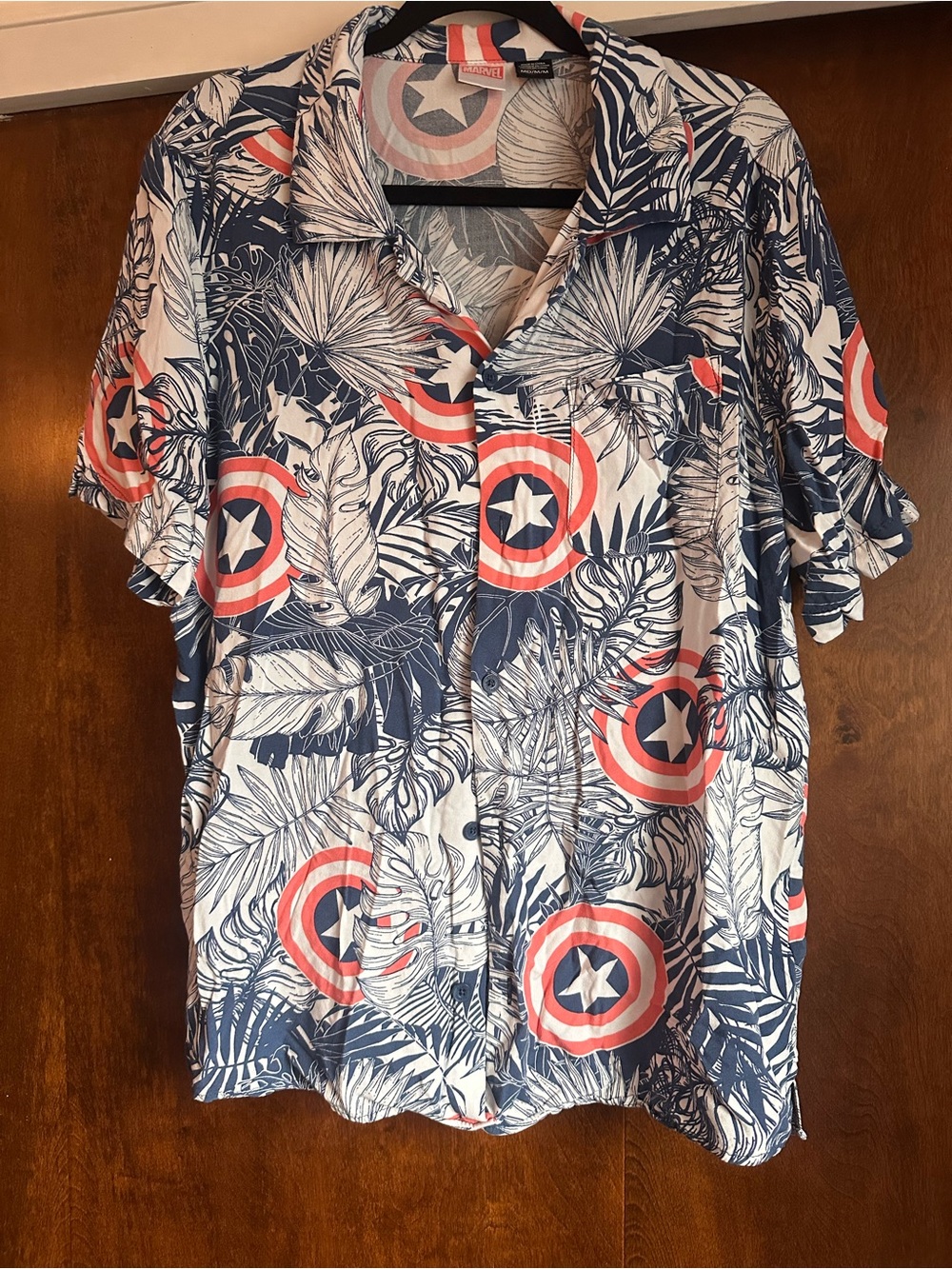 Marvel Captain America Motif Camp Shirt - Navy, White & Red
